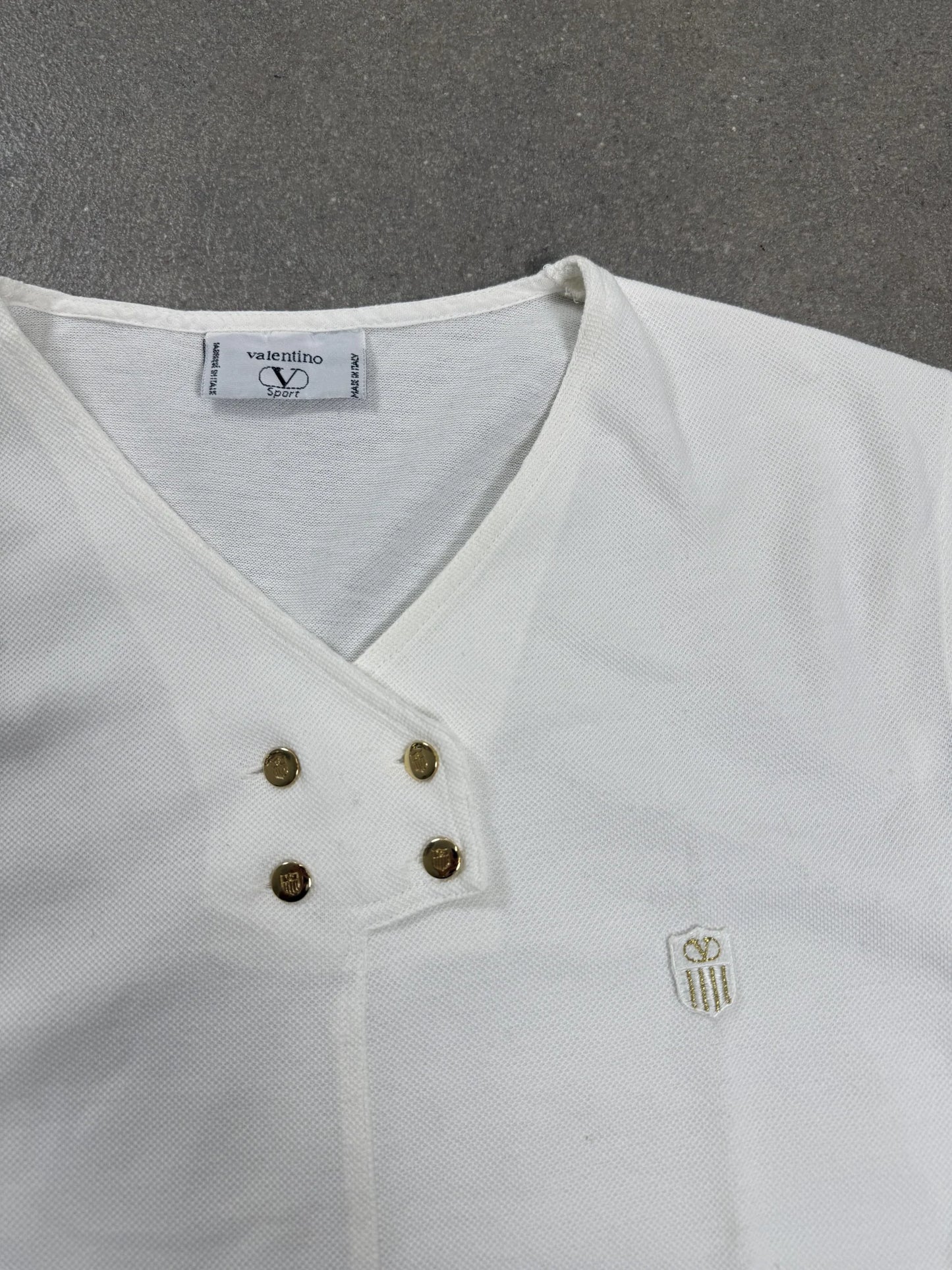 Polo Valentino Sport Archive Anni '70 Bianca Scollo V con 4 Bottoni Dorati | Taglia IT 42 / M