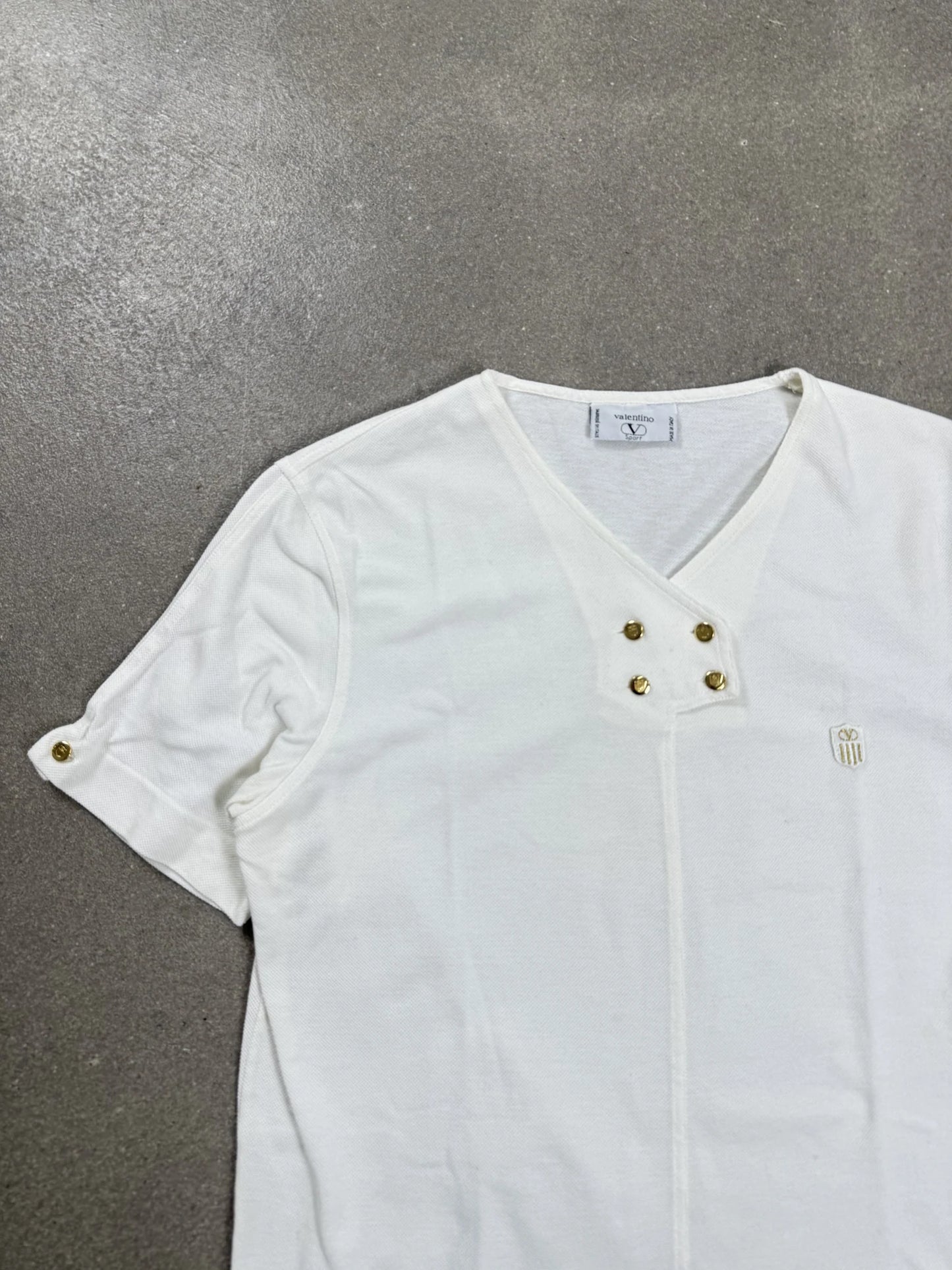 Polo Valentino Sport Archive Anni '70 Bianca Scollo V con 4 Bottoni Dorati | Taglia IT 42 / M