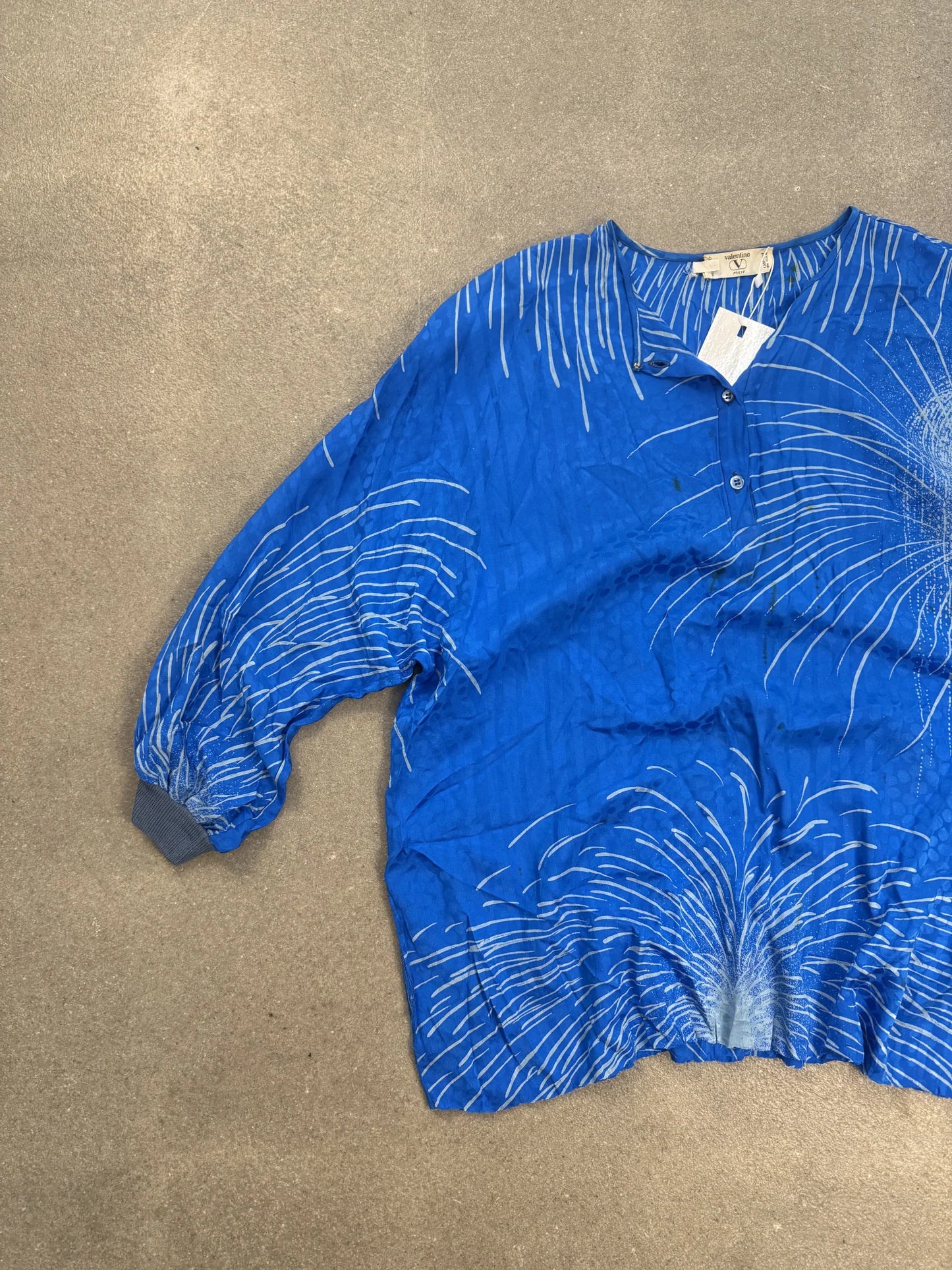 Camicia Valentino Miss V Vintage Anni 80 Seta Blu Grafica Fuochi d'Artificio | Taglia 46