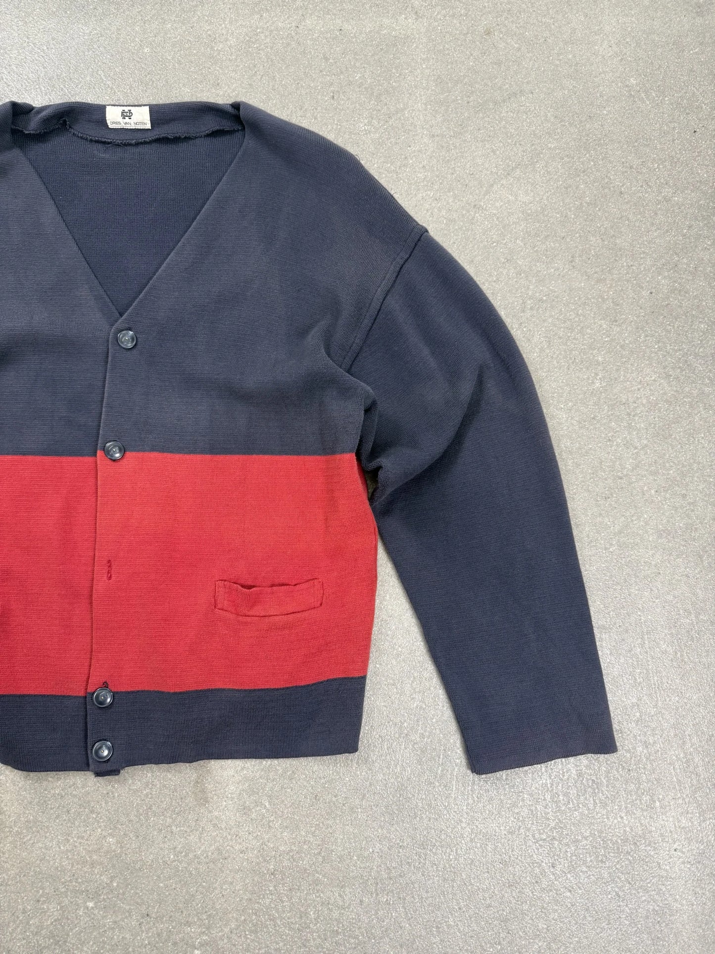 Dries Van Noten 1990s Archive Cardigan Oversize Cropped Color-Block Blu Rosso | Taglia M