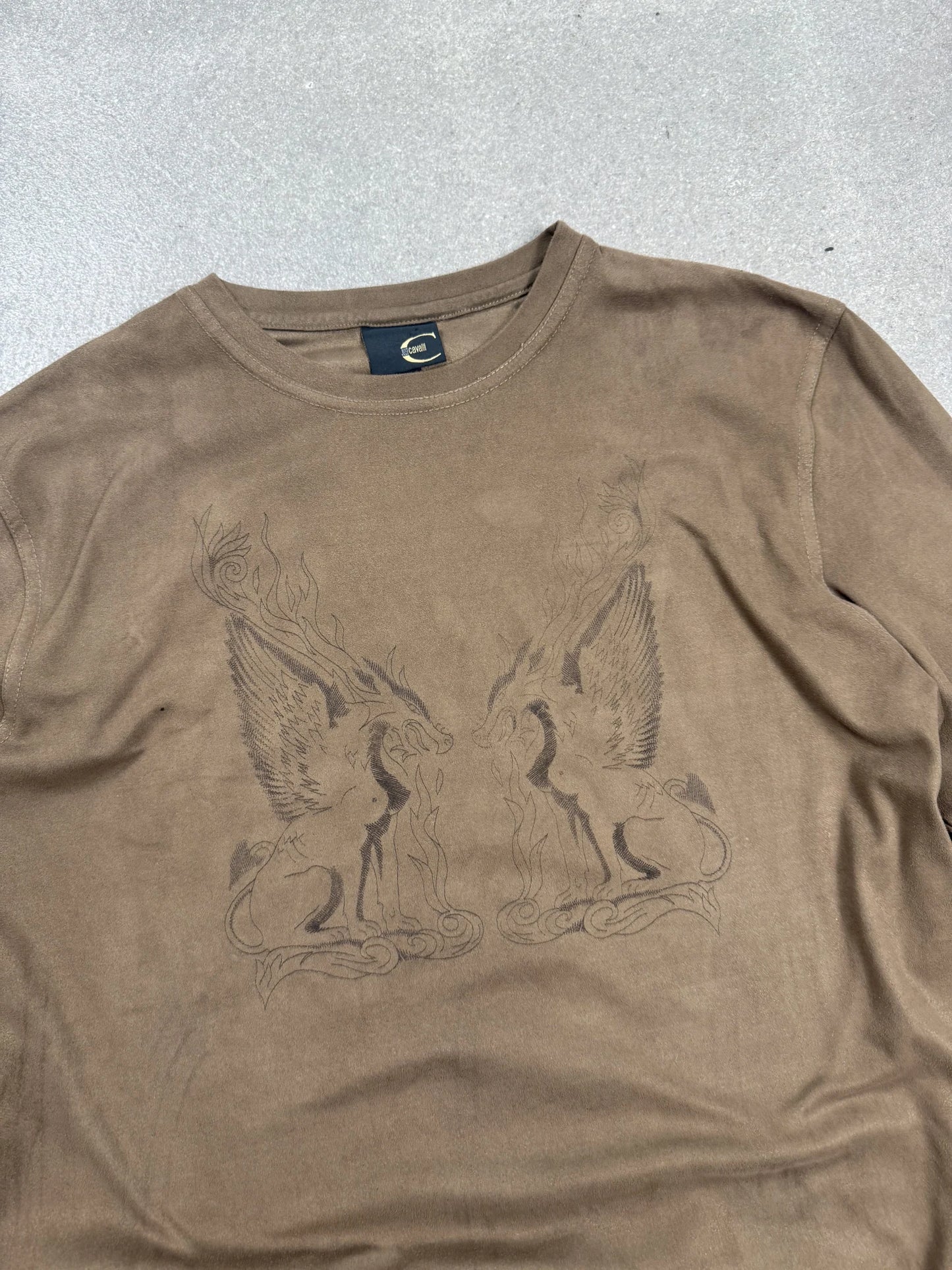2000s Cavalli Archive Maglia Maniche Lunghe Beige Effetto Velluto Grafica Grifoni | Taglia 52 Slim