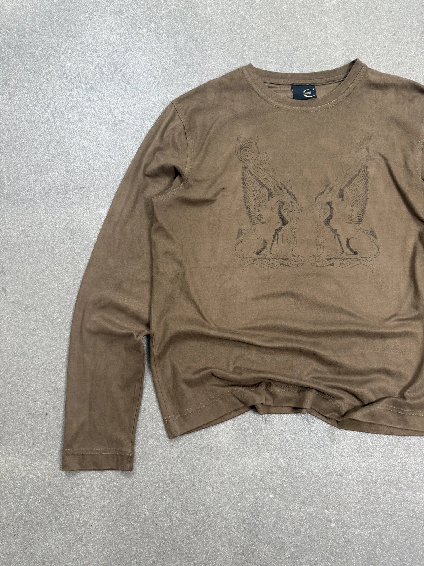 2000s Cavalli Archive Maglia Maniche Lunghe Beige Effetto Velluto Grafica Grifoni | Taglia 52 Slim
