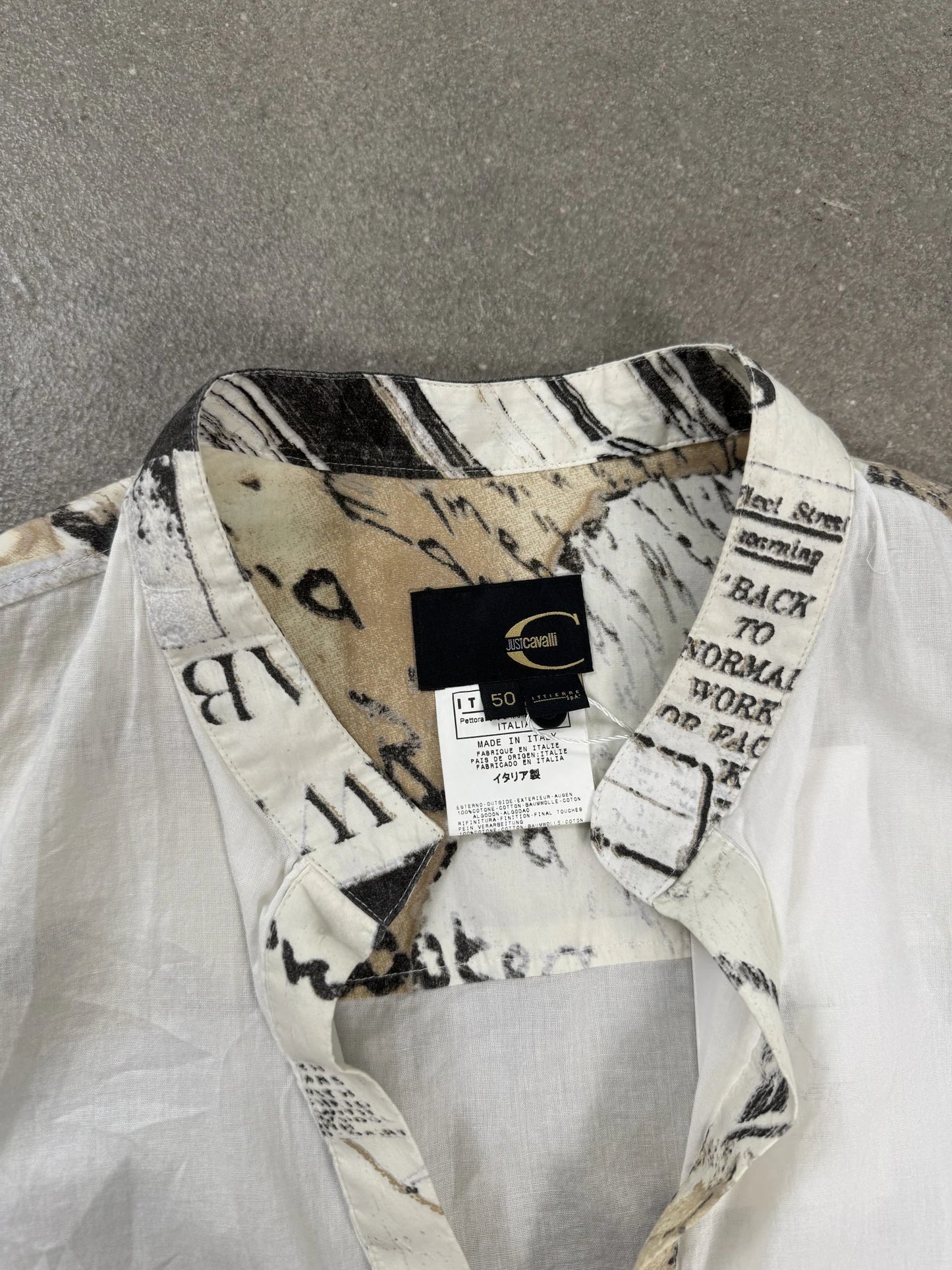 Camicia Tunica Just Cavalli 2001 Archive Popover Grafica Newspaper Bianco Made in Italy | Taglia IT 50 / L