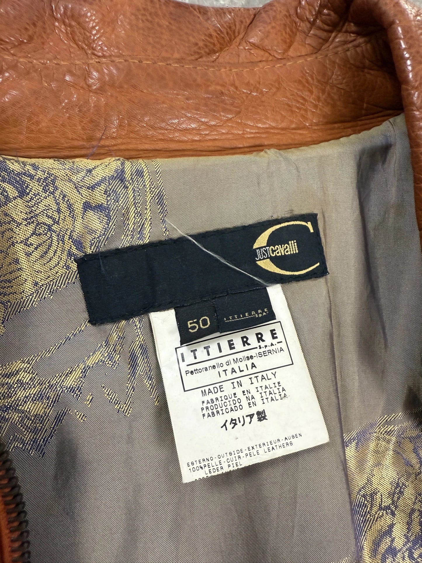 Giacca in Pelle Just Cavalli AW 2004 Archive Marrone Tabacco Fodera Tigre | Taglia IT 50 slim
