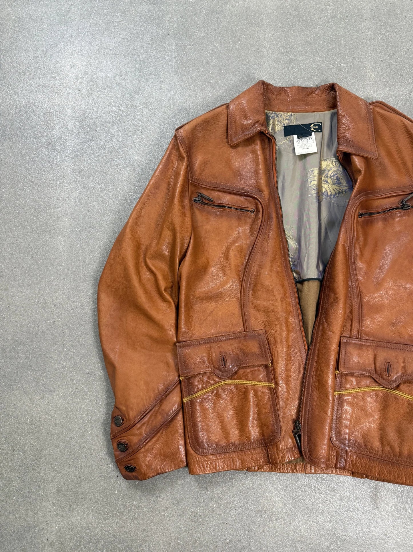 Giacca in Pelle Just Cavalli AW 2004 Archive Marrone Tabacco Fodera Tigre | Taglia IT 50 slim