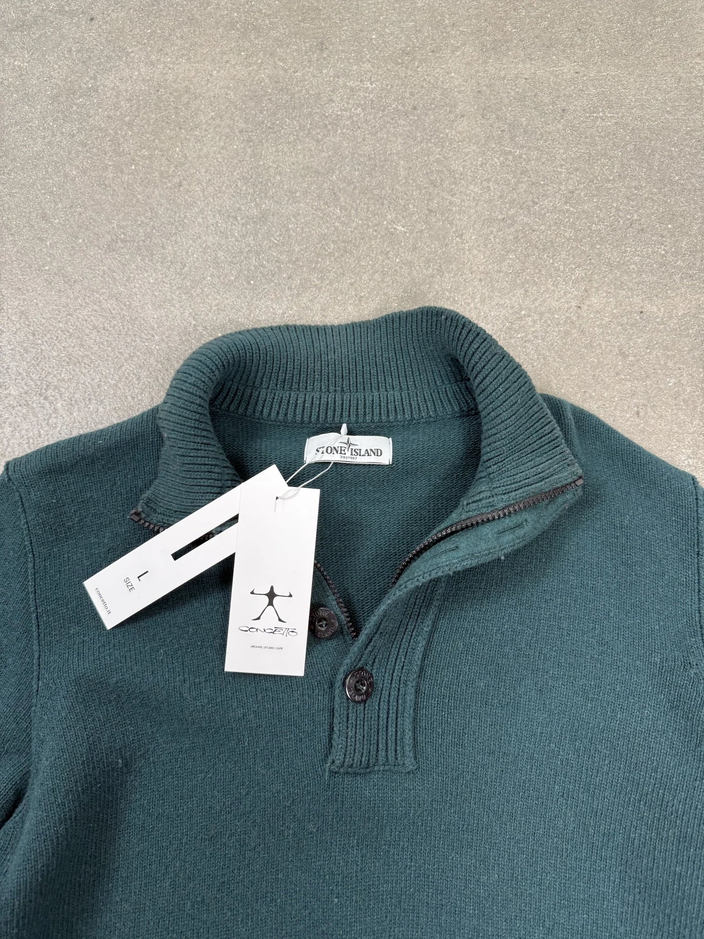 Maglione Stone Island AW 2013 1/4 Zip e Bottoni in Lana Verde scuro | Taglia L