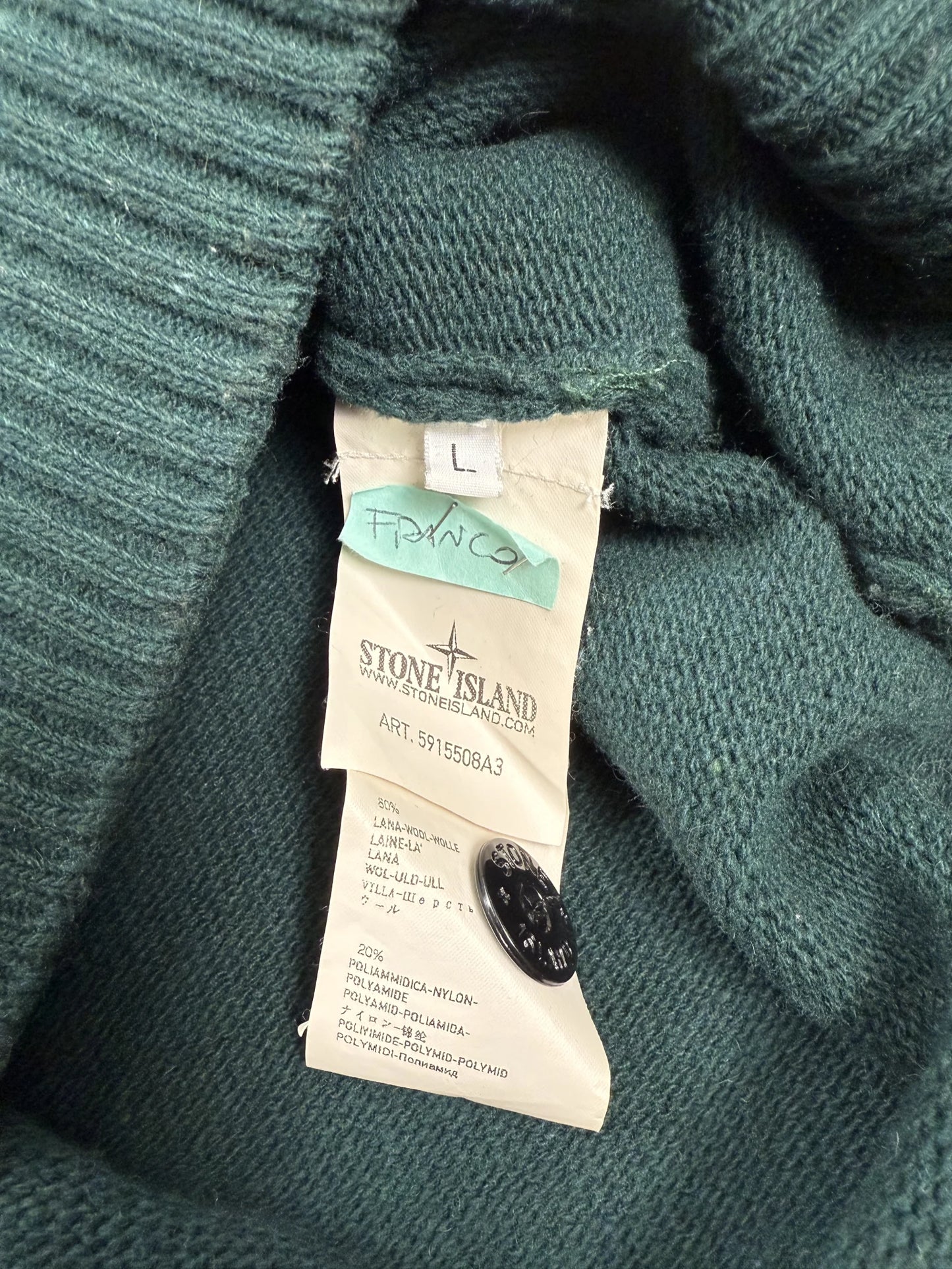 Maglione Stone Island AW 2013 1/4 Zip e Bottoni in Lana Verde scuro | Taglia L