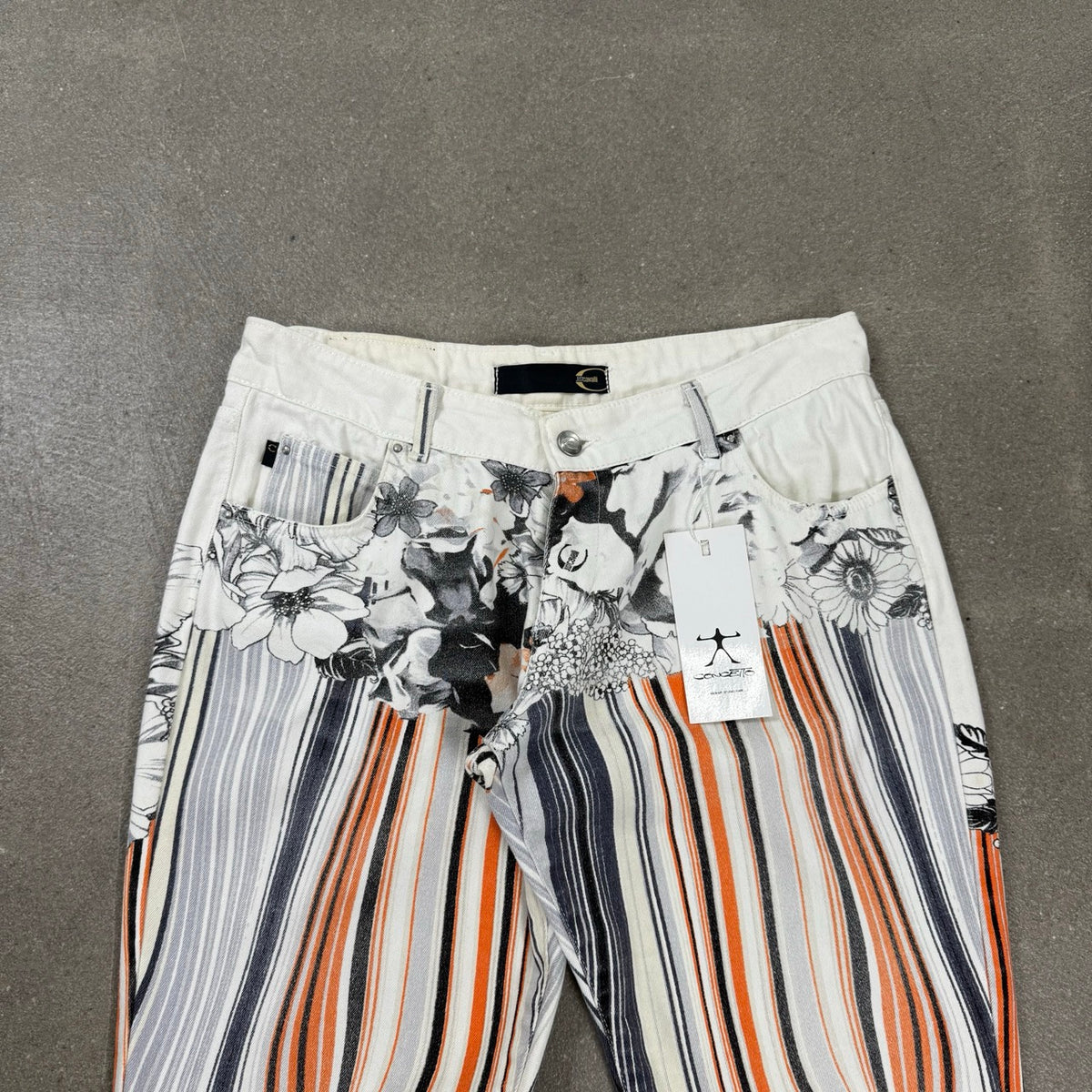 2001 archivio Cavalli Pantalone a Zampa Bootcut Onde Arancioni e Fiori | Taglia W31