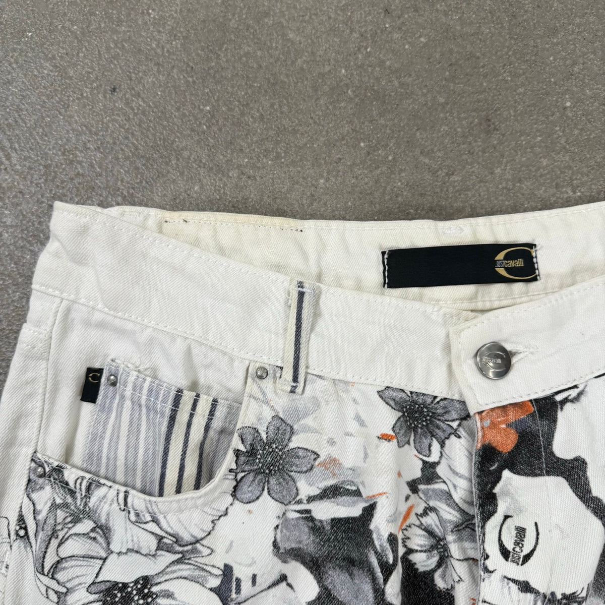 2001 archivio Cavalli Pantalone a Zampa Bootcut Onde Arancioni e Fiori | Taglia W31