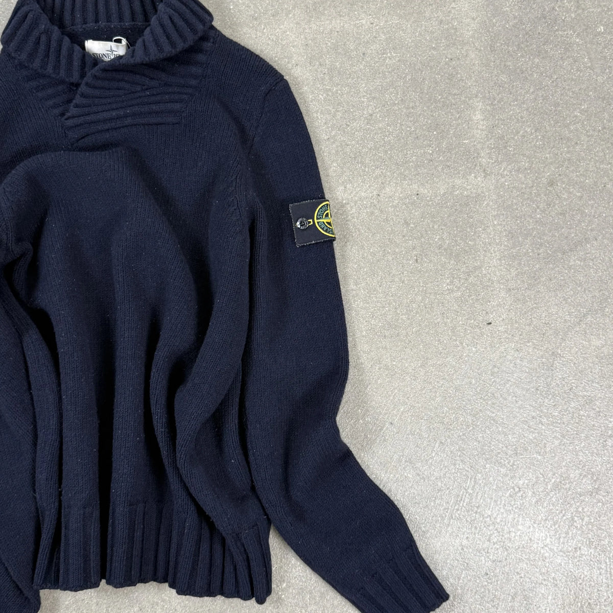 2015 Stone Island Shawl Collar Navy Blue Knit Jumper Compass Badge | Size M