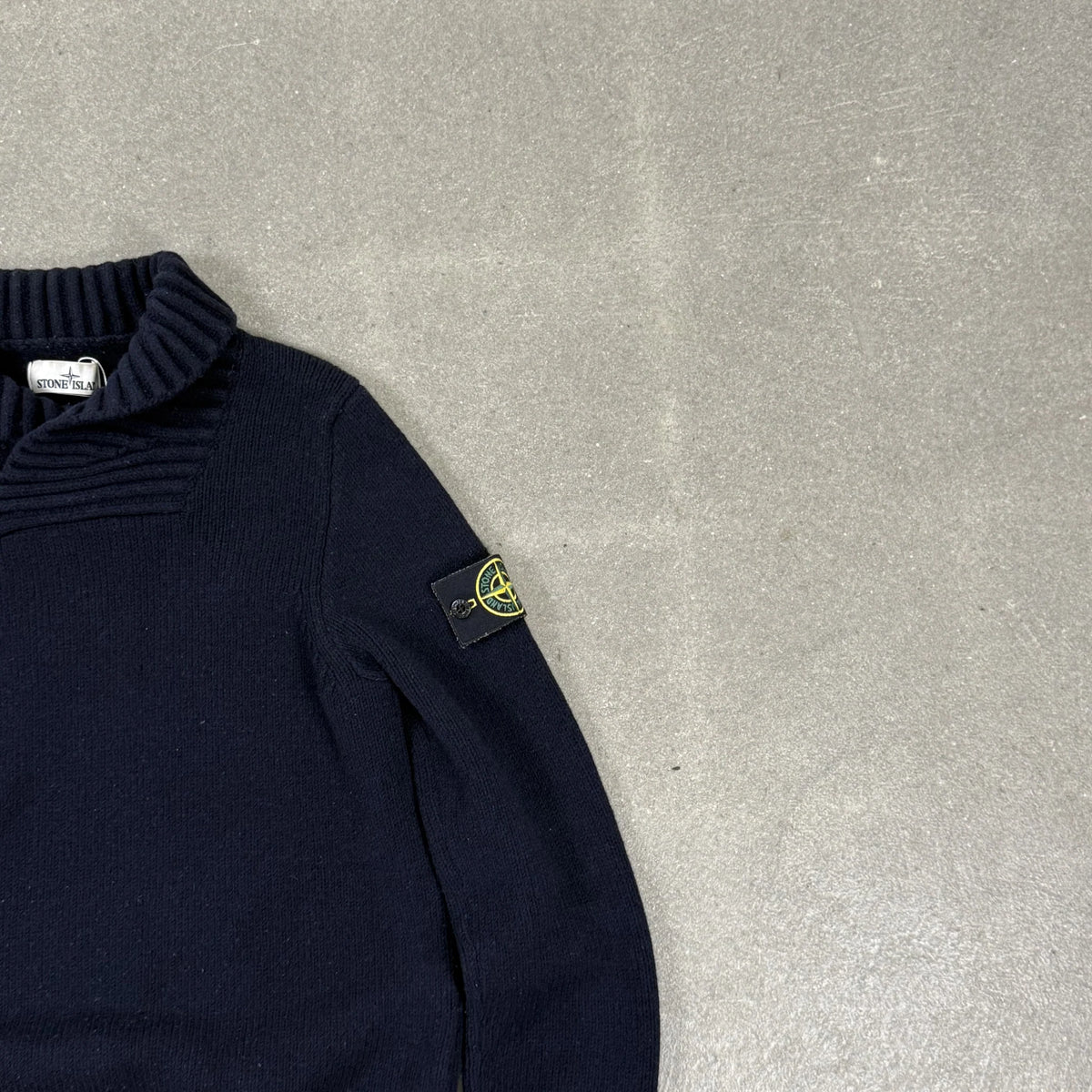 2015 Stone Island Shawl Collar Navy Blue Knit Jumper Compass Badge | Size M