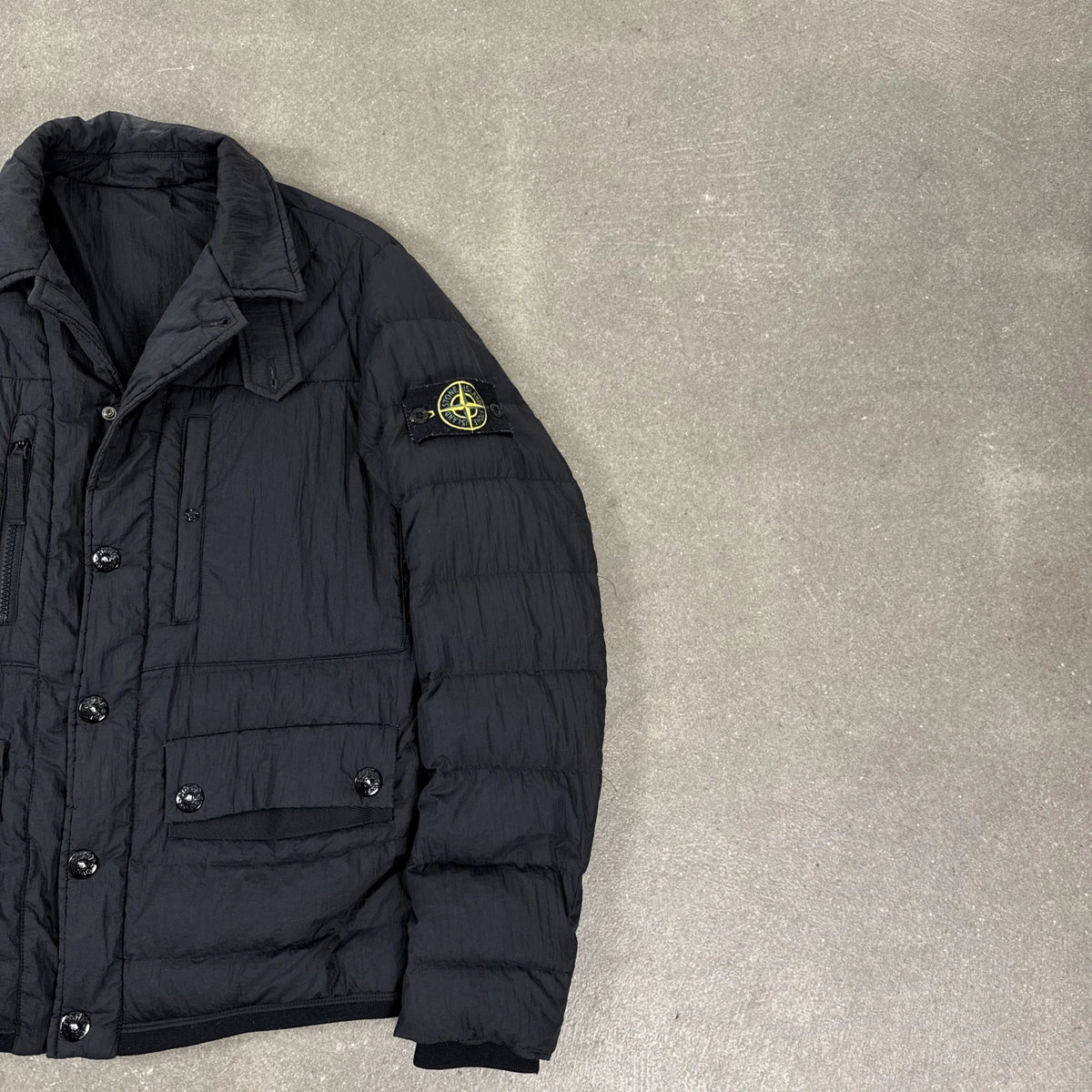 2013 Stone Island Black Opaque Nylon Tela Down Jacket Compass Badge | Size S