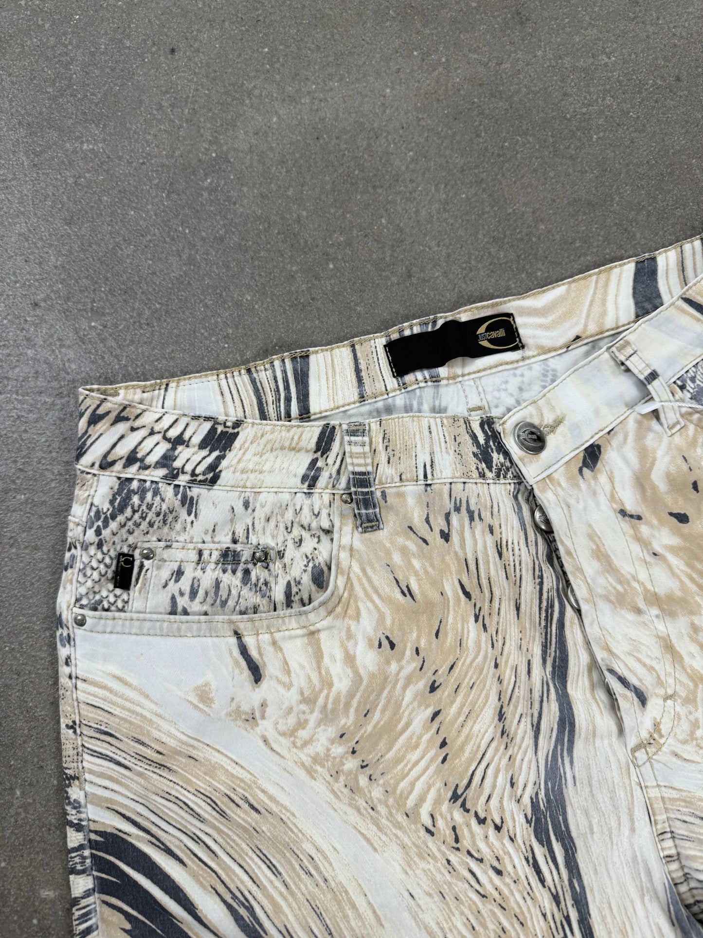 Pantaloni Just Cavalli SS 2003 Archive Stampa Pitone Psichedelica A Vita Bassa Flared | Taglia IT 48 / US 34