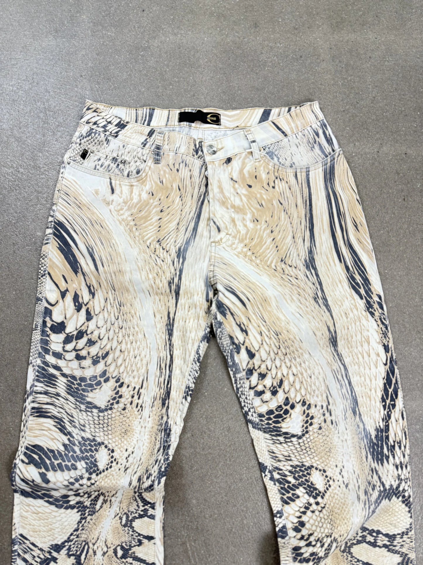 Pantaloni Just Cavalli SS 2003 Archive Stampa Pitone Psichedelica A Vita Bassa Flared | Taglia IT 48 / US 34