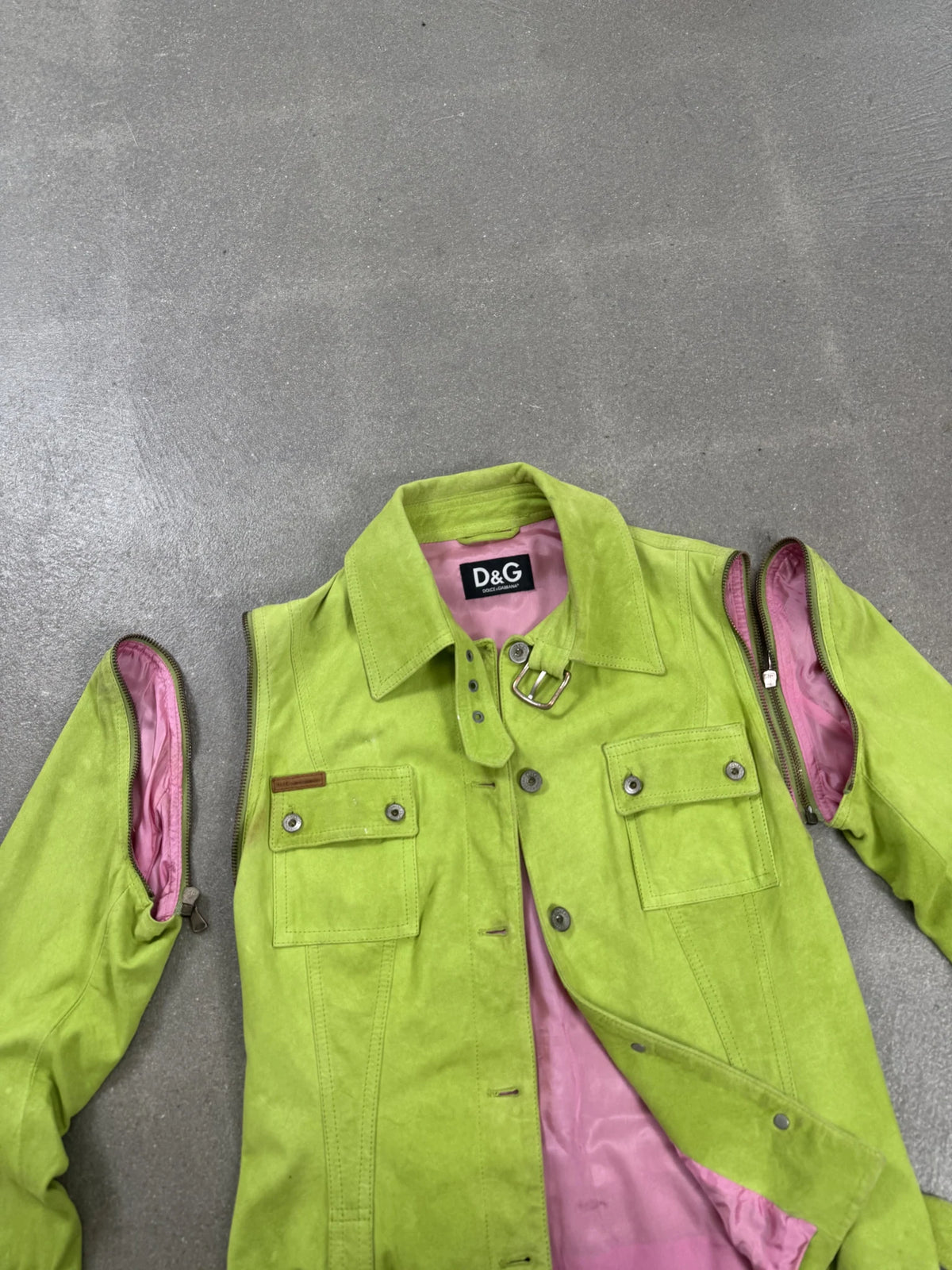 D&G Dolce & Gabbana SS2003 Archive Lime Giacca in camoscio Modulare con maniche rimovibili | Taglia 44IT