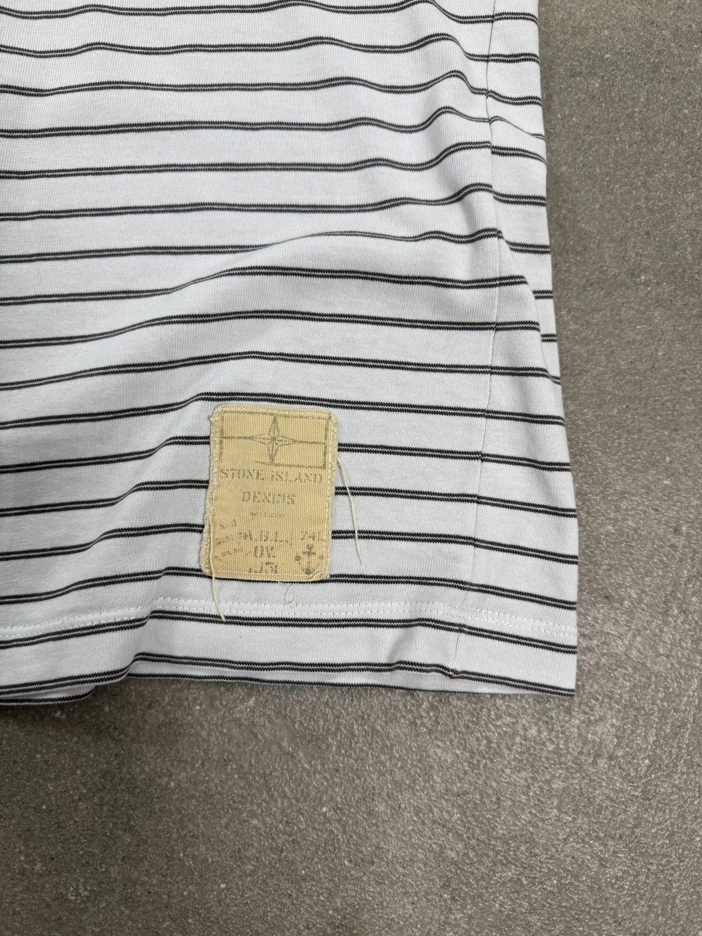 T-Shirt Stone Island Denims S/S 2008 Vintage Righe Logo Spellout Bianca Nera | Taglia L