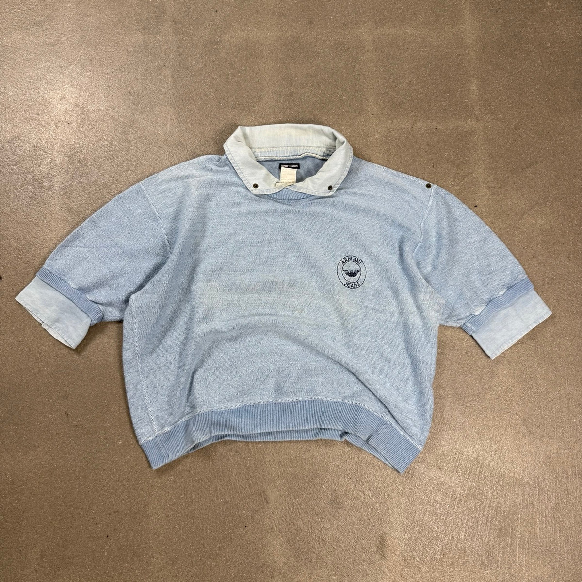 Felpa vintage Emporio Armani Jeans 1985 capo campione celeste con colletto denim taglia S