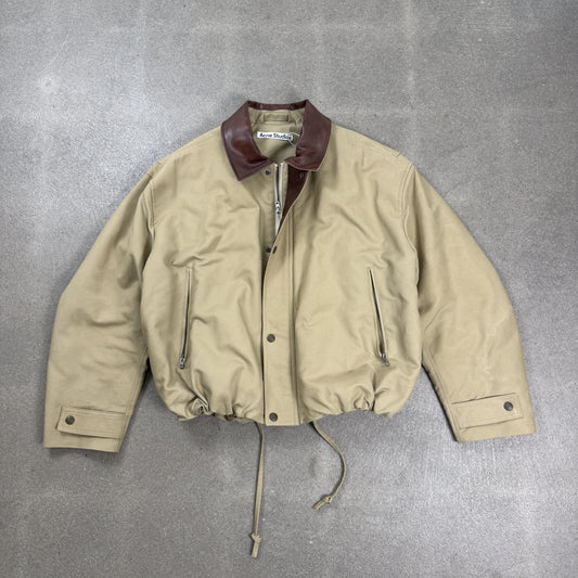Giacca bomber Acne Studios FW24 in twill di cotone beige con colletto in pelle marrone