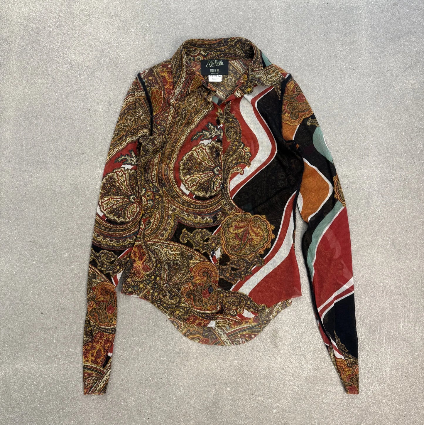 Camicia d'archivio Jean Paul Gaultier Maille Femme del 1996 in mesh trasparente con motivo paisley e onde psichedeliche taglia M