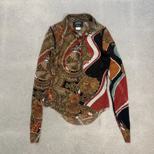Camicia d'archivio Jean Paul Gaultier Maille Femme del 1996 in mesh trasparente con motivo paisley e onde psichedeliche taglia M