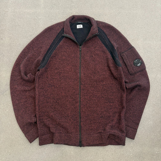 Cardigan maglione C.P. Company taglia 50 IT full zip in lana melange rosso borgogna con lente sulla manica