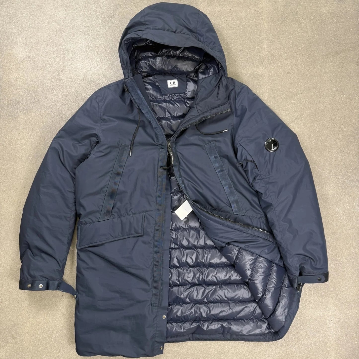 Parka piumino C.P. Company Micro-M Down Jacket blu notte con lente Lens sulla manica taglia 50 L collezione FW18