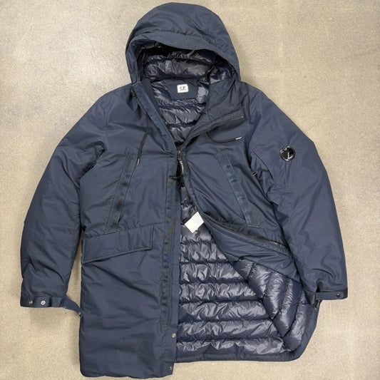Parka piumino C.P. Company Micro-M Down Jacket blu notte con lente Lens sulla manica taglia 50 L collezione FW18