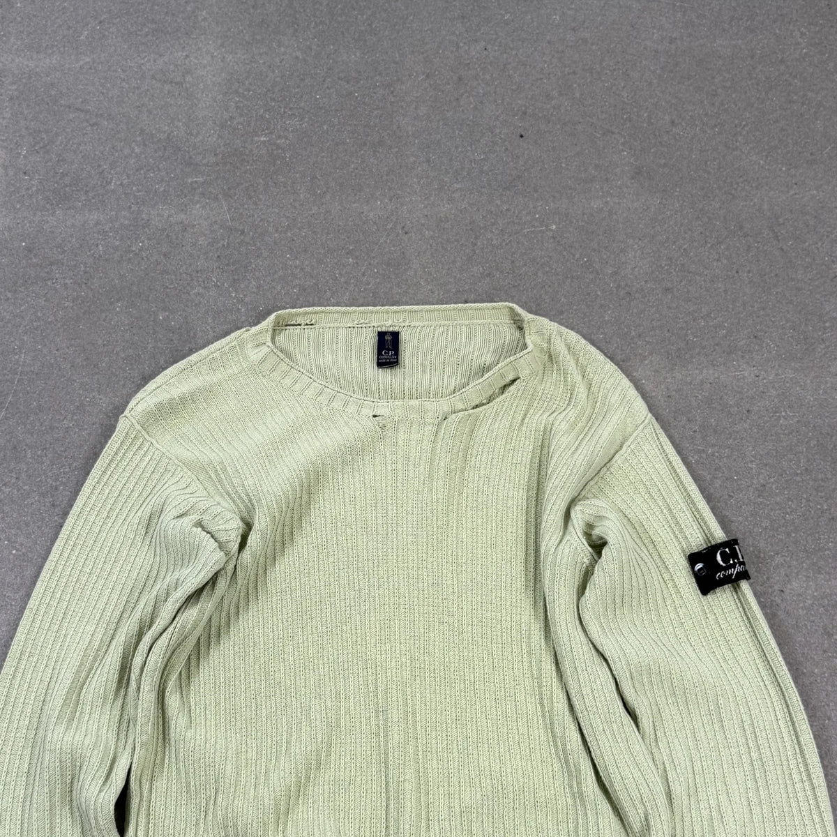 C.P. Company Vintage Archive Sage Green Ribbed Cotton Knit Jumper Badge | Size 14/164