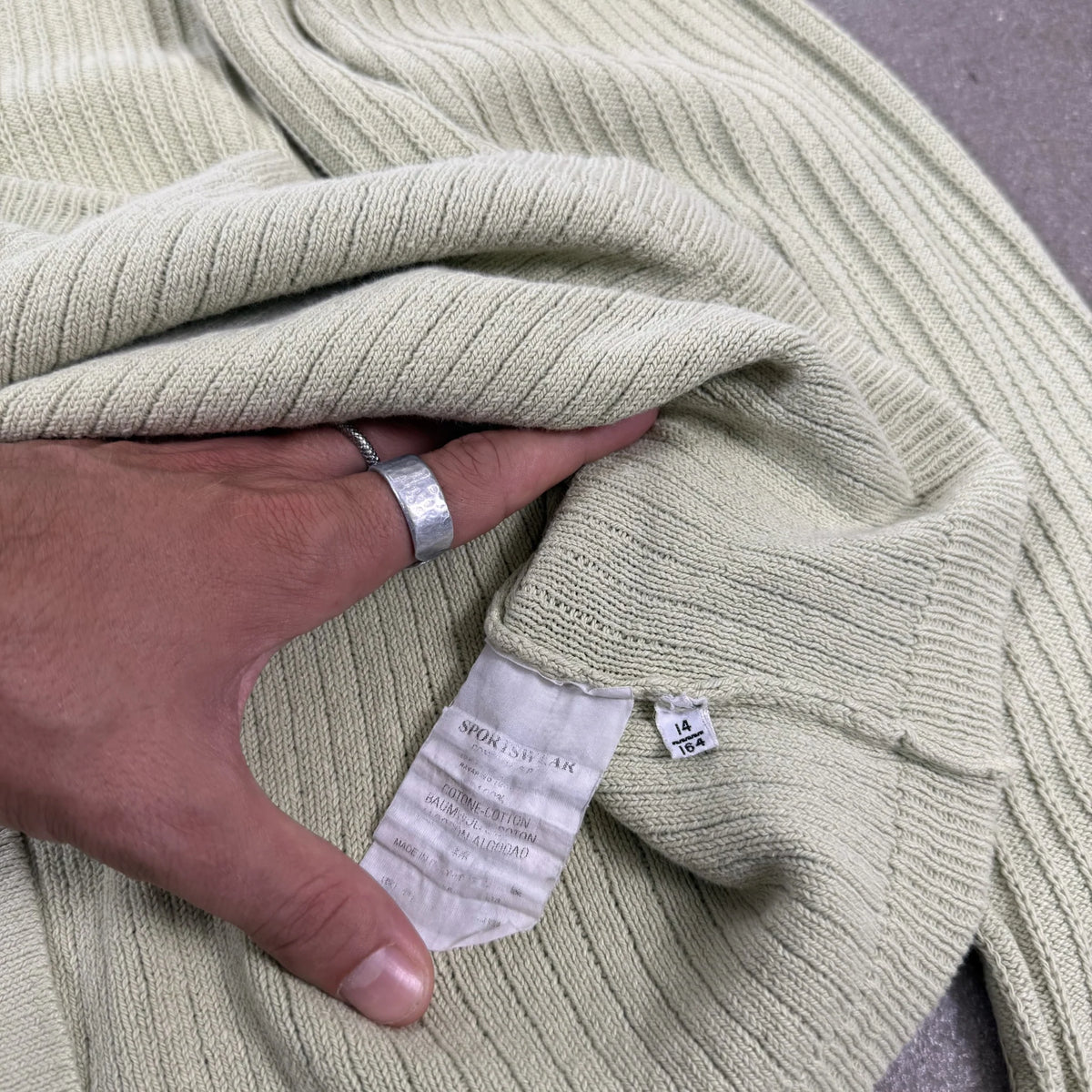 C.P. Company Vintage Archive Sage Green Ribbed Cotton Knit Jumper Badge | Size 14/164