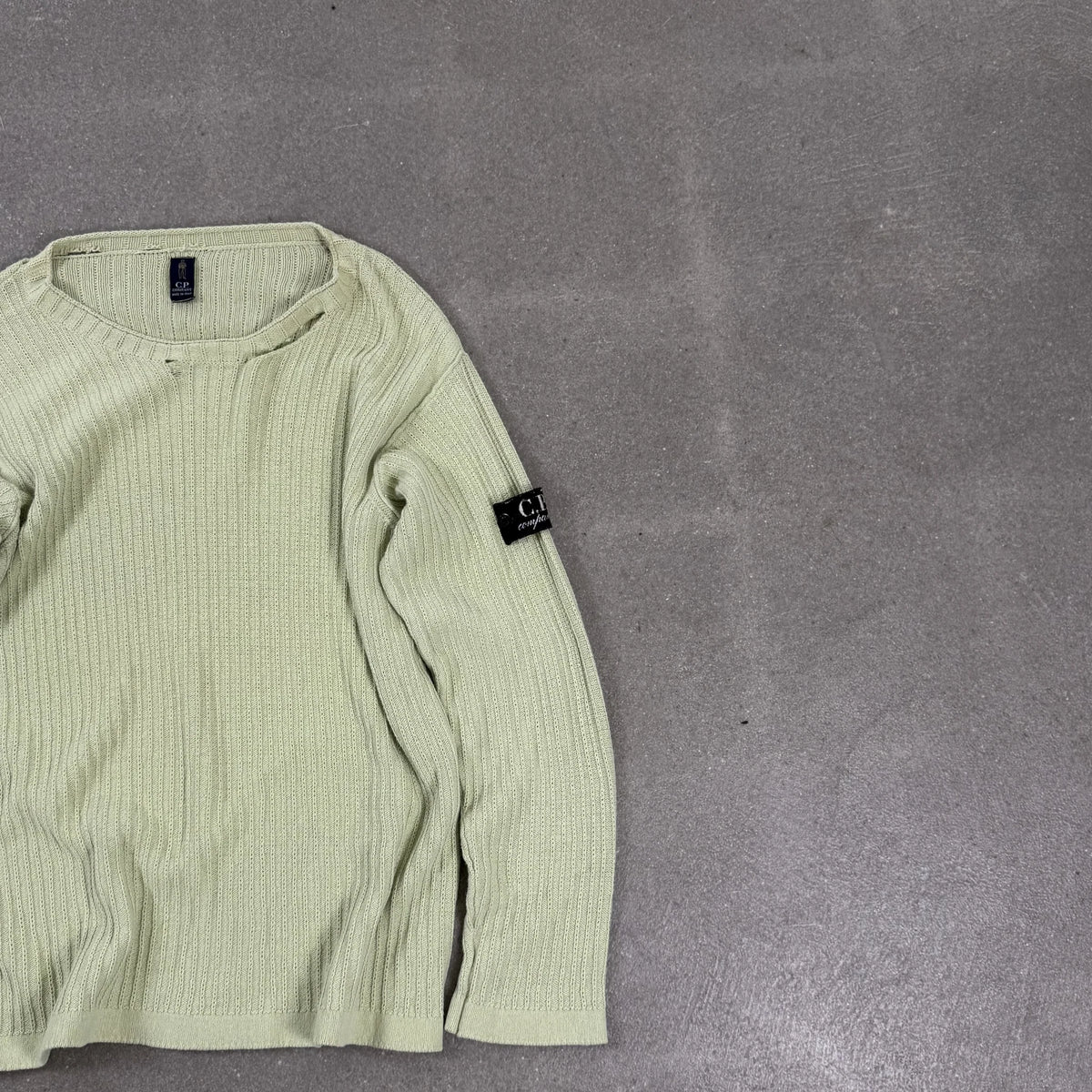 C.P. Company Vintage Archive Sage Green Ribbed Cotton Knit Jumper Badge | Size 14/164