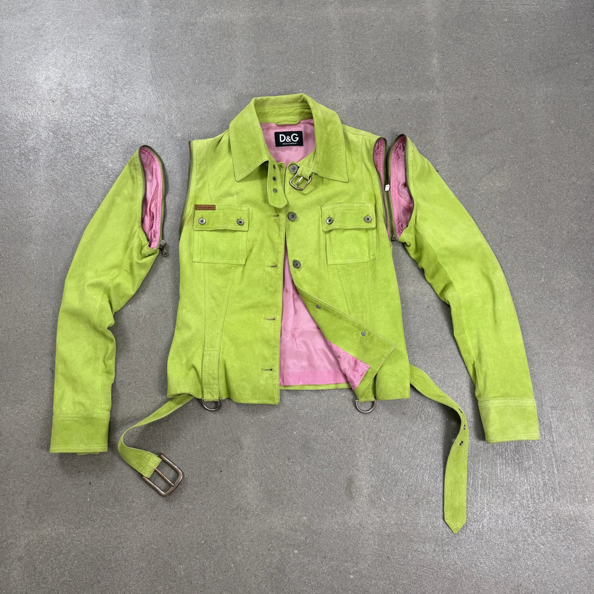 Giacca d'archivio D&G Dolce & Gabbana Primavera Estate 2003 in camoscio verde lime con maniche staccabili
