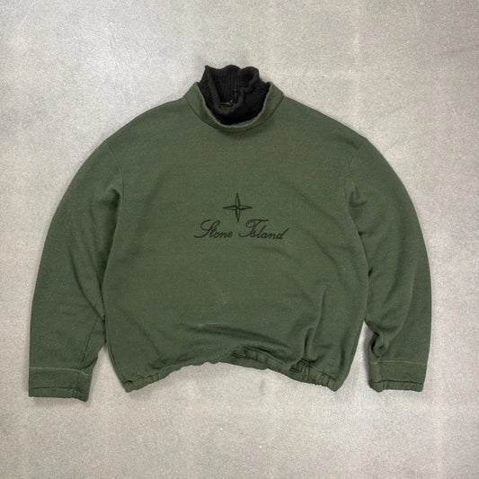 Felpa vintage Stone Island Autunno Inverno 1988 Massimo Osti verde oliva con doppio collo nero e logo ricamato in corsivo taglia L