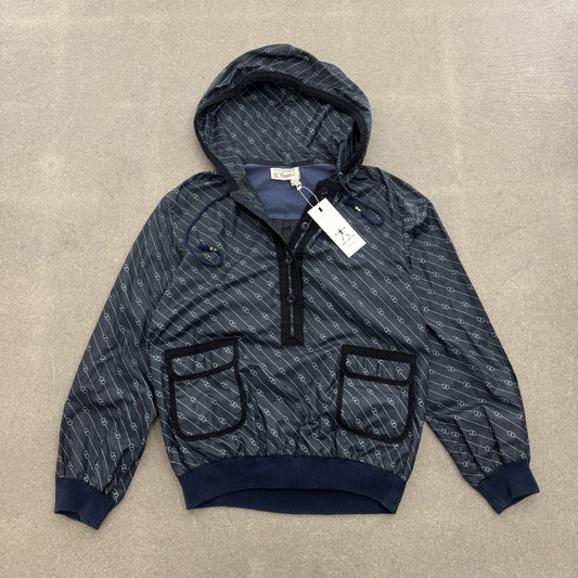 Giacca antivento anorak vintage G. Gucci anni 80 blu notte con cappuccio e motivo GG catene