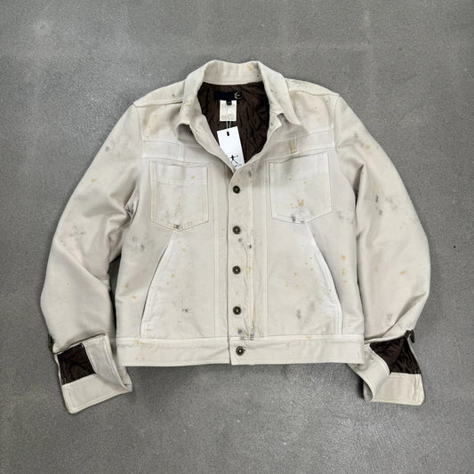 Giacca denim vintage Just Cavalli 2004 colore panna con effetto sporco distressed e fit boxy taglia XXL