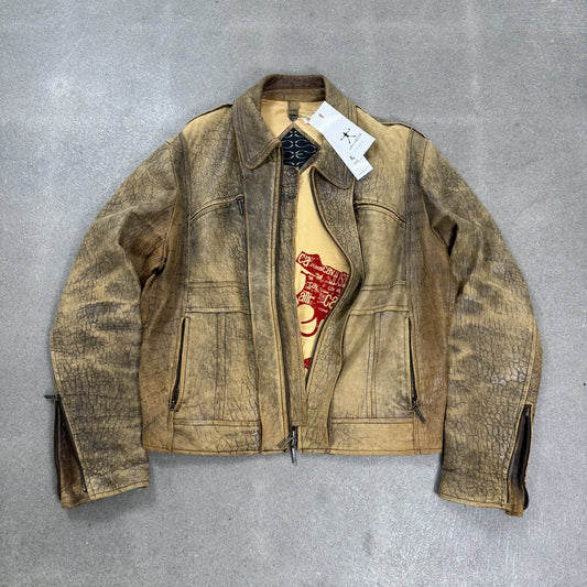 Giacca biker vintage Just Cavalli anno 2005 in vera pelle invecchiata e cracklé beige e marrone taglia XL
