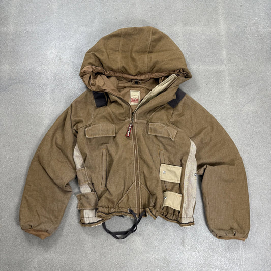 Giacca bomber corta d archivio Marithe Francois Girbaud color nocciola con cappuccio e tasche tactical