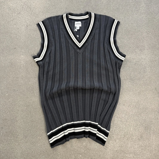 Gilet vintage Armani Collezioni S/S 2006 in misto seta a coste grigio antracite con bordi a righe bianche e nere scollo a V taglia 50