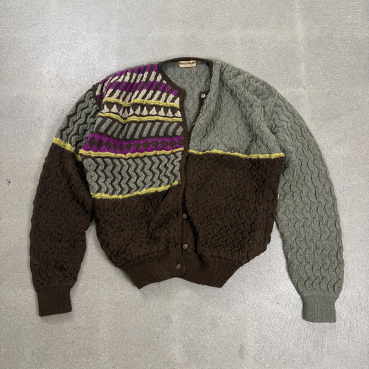 Cardigan pesante Issey Miyake anni 70 archive con lavorazione a maglia multi pattern e logo All Style Co