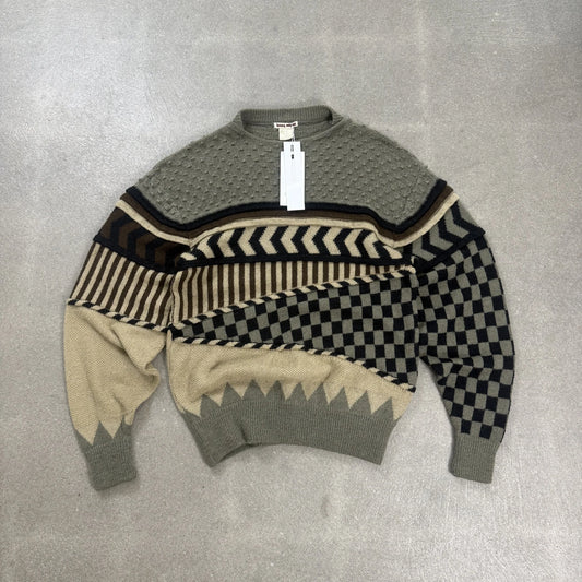 Maglione vintage d'archivio Issey Miyake A/W 1982 in maglia patchwork geometrica a pannelli con scacchiera taglia M