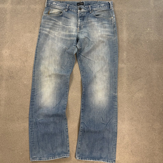 Jeans d'archivio Armani Jeans anno 2004 azzurro lavaggio chiaro sfumato stone wash taglia W38 taglio baggy