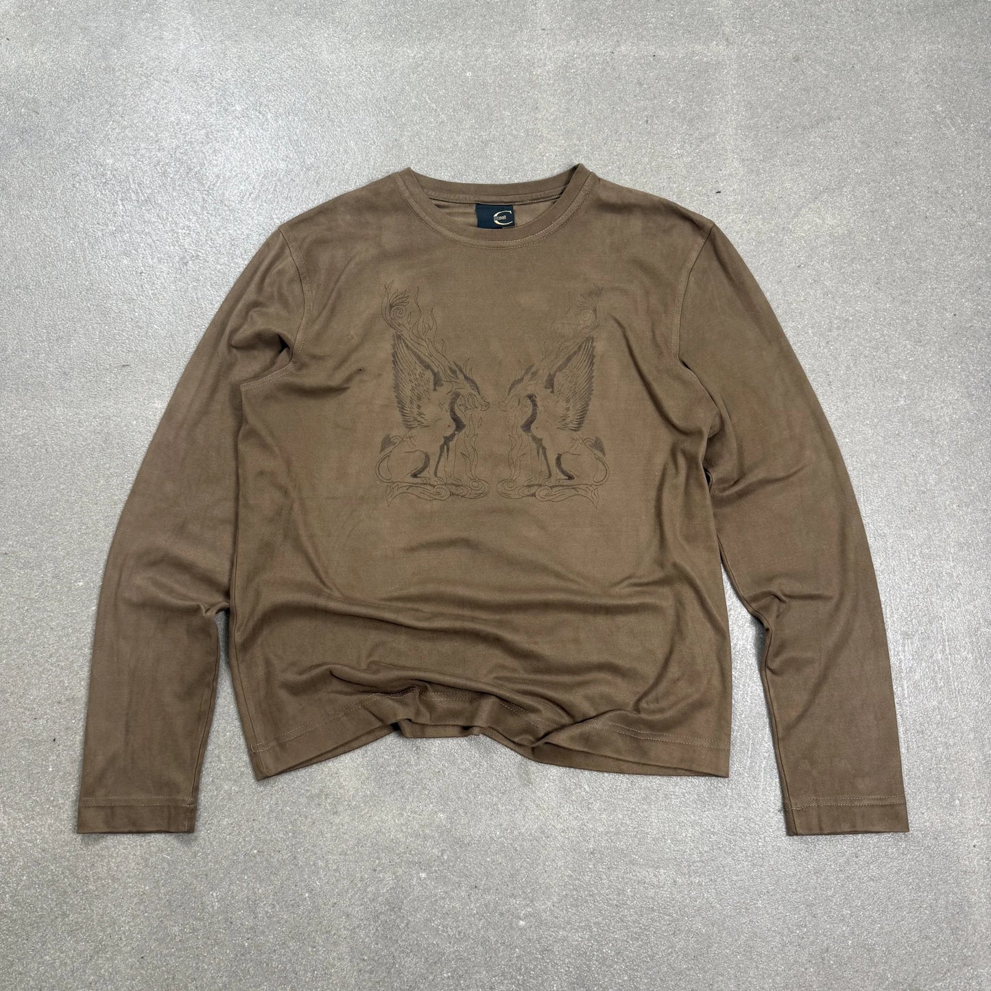 Maglia a maniche lunghe Just Cavalli vintage anni 2000 in similpelle scamosciata beige con grafica grifoni