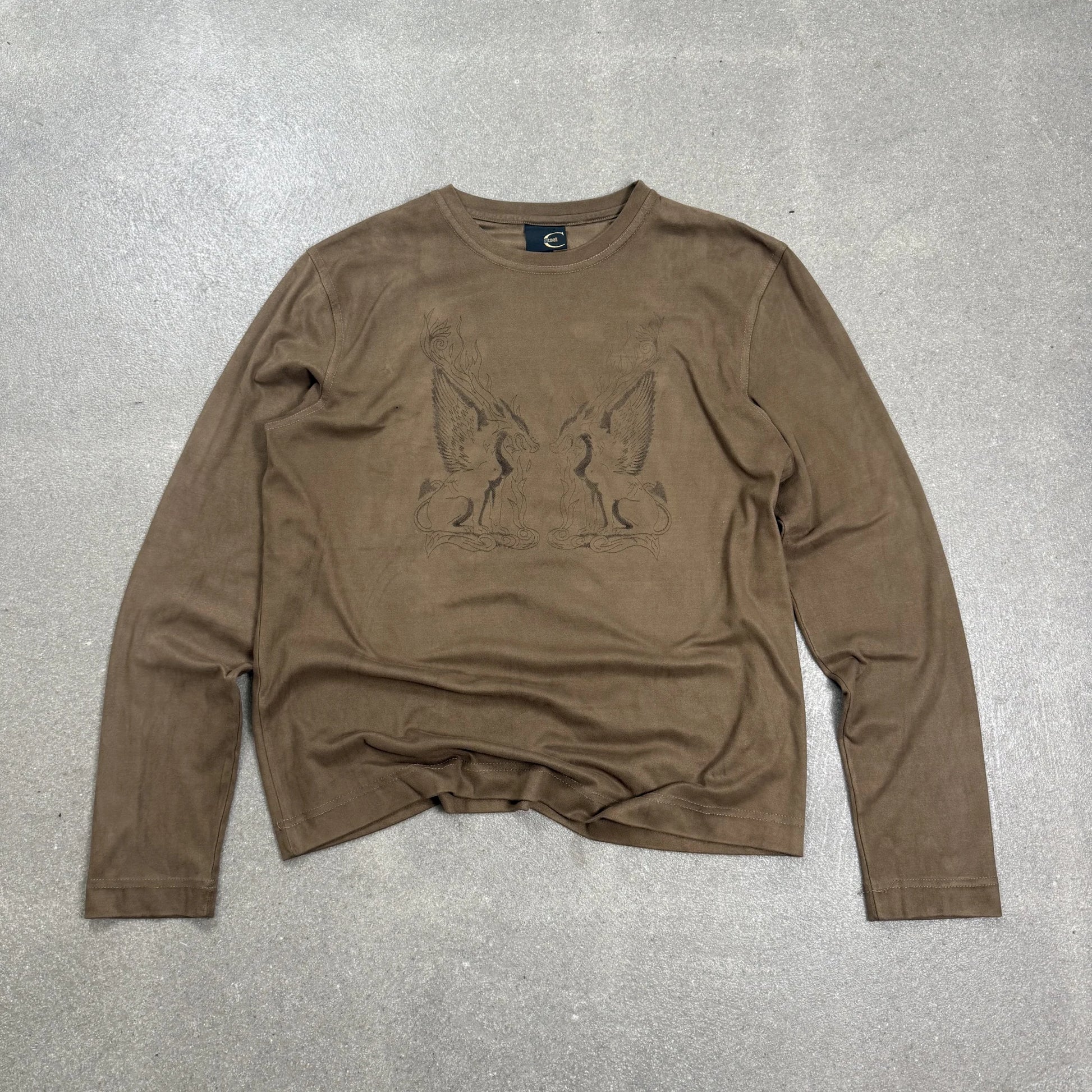 Maglia a maniche lunghe Just Cavalli vintage anni 2000 in similpelle scamosciata beige con grafica grifoni