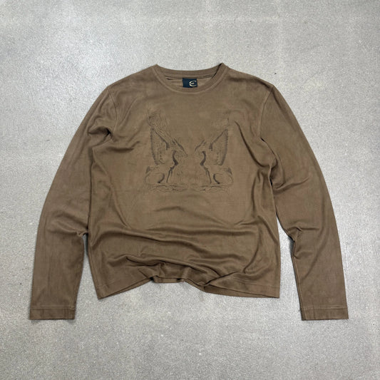 Maglia a maniche lunghe Just Cavalli vintage anni 2000 in similpelle scamosciata beige con grafica grifoni
