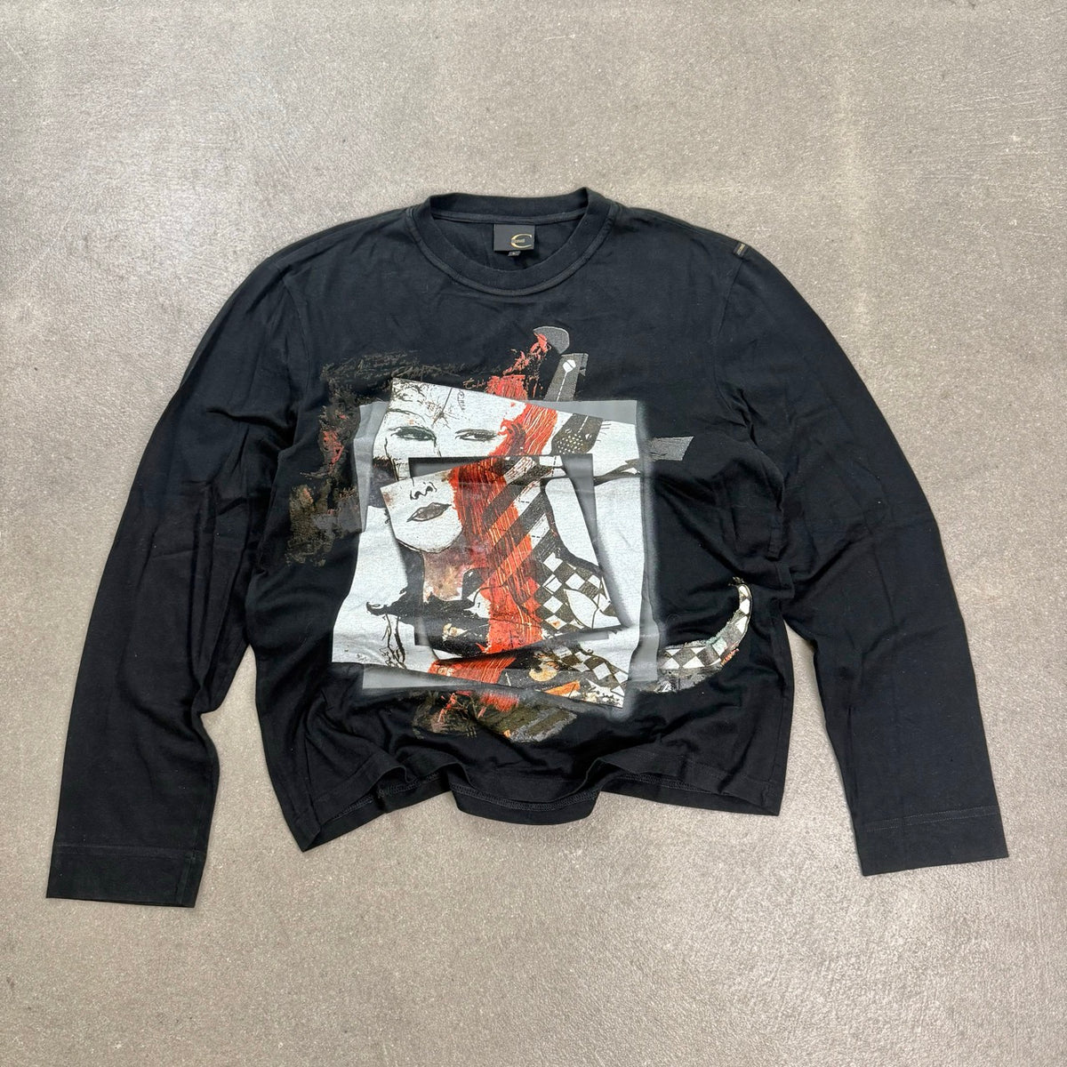 Maglia longsleeve Just Cavalli nera vintage anni 2000 con stampa grafica ritratto femminile taglia L
