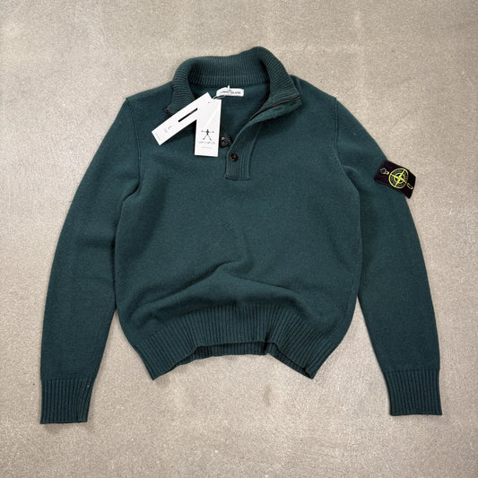Maglione Stone Island 1/4 zip con bottoni Autunno Inverno 2013 verde in lana taglia L con badge sulla manica