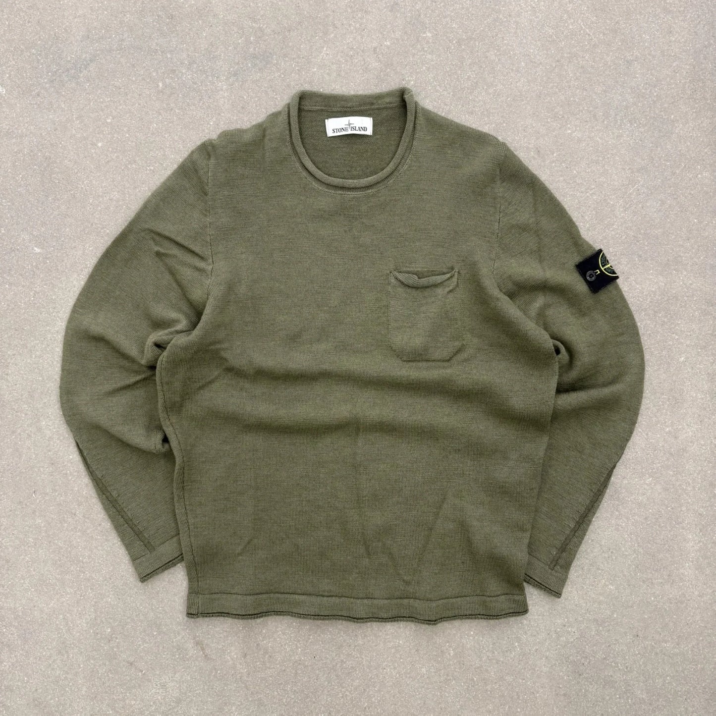 Maglione Stone Island girocollo Autunno Inverno 2015 verde oliva in lana con taschino al petto taglia XL