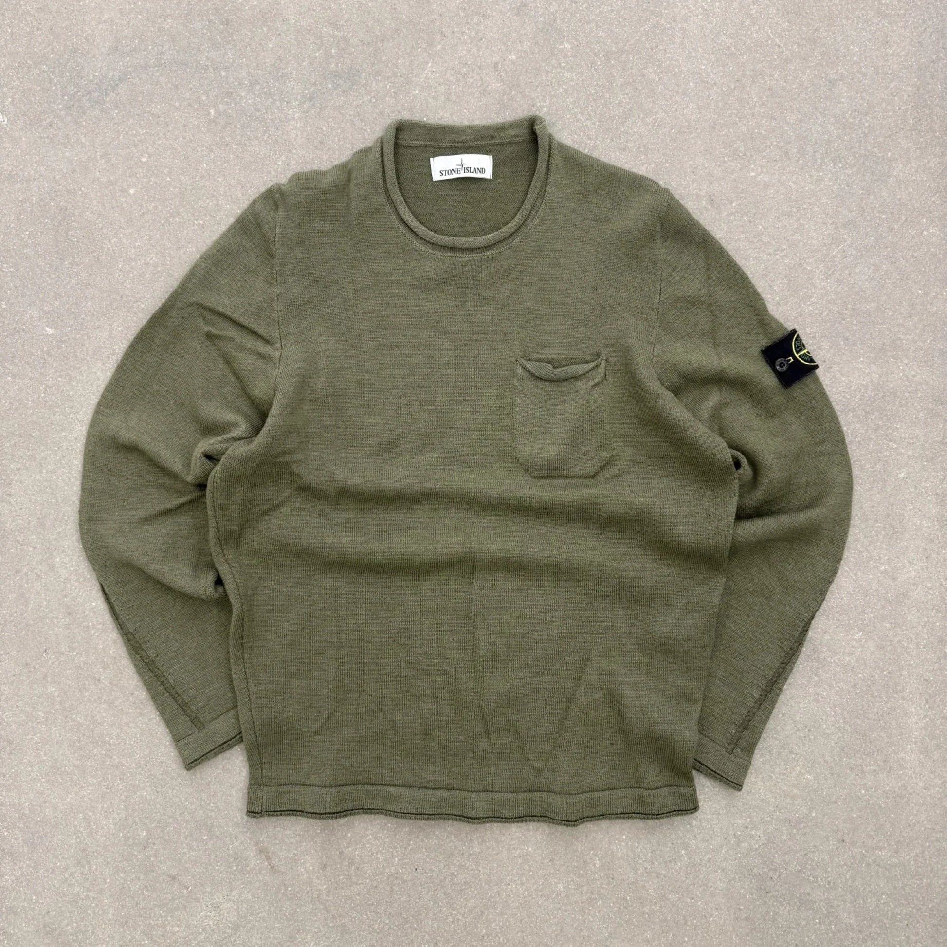 Maglione Stone Island girocollo Autunno Inverno 2015 verde oliva in lana con taschino al petto taglia XL