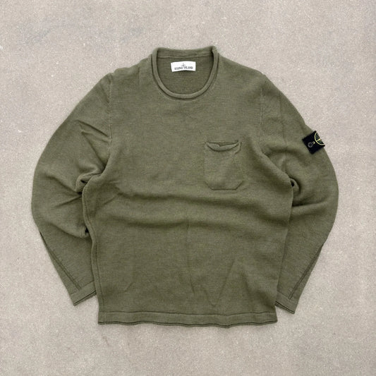 Maglione Stone Island girocollo Autunno Inverno 2015 verde oliva in lana con taschino al petto taglia XL