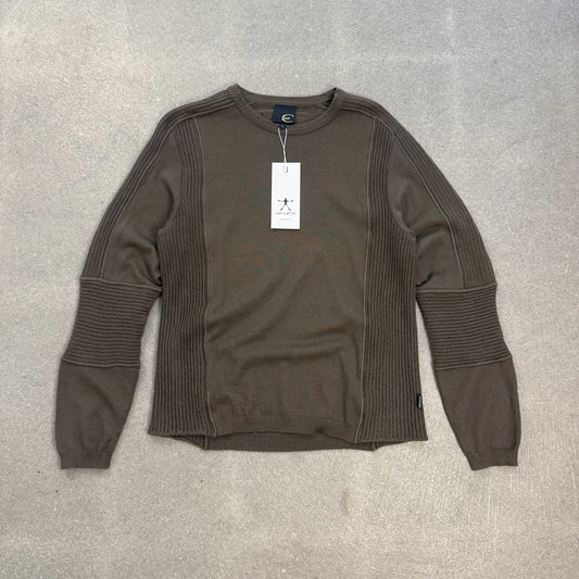 Maglione da uomo Just Cavalli vintage anni 2000 in pura lana vergine marrone fango a coste con etichetta logo sul retro taglia L