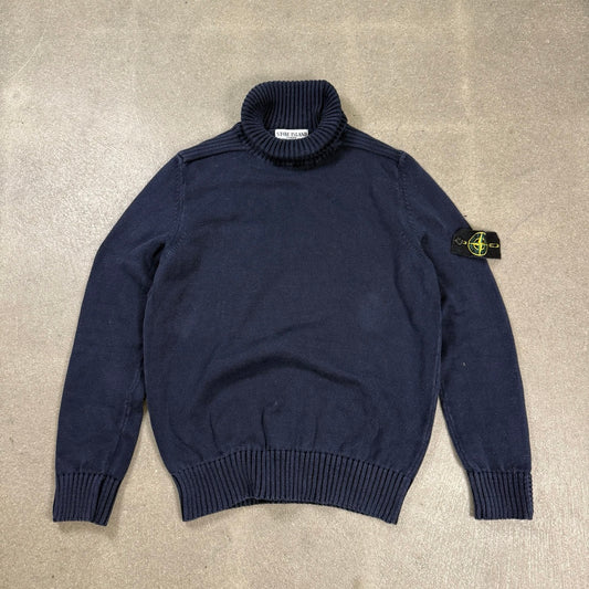 Maglione dolcevita Stone Island blu navy Autunno Inverno 1997 con badge bordo verde taglia L